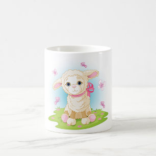 Baby Lamb with Pink Bow and Butterflies Coffee Mug