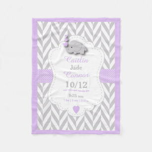 Baby Lavender Elephant Birth Keepsake Design Fleece Blanket