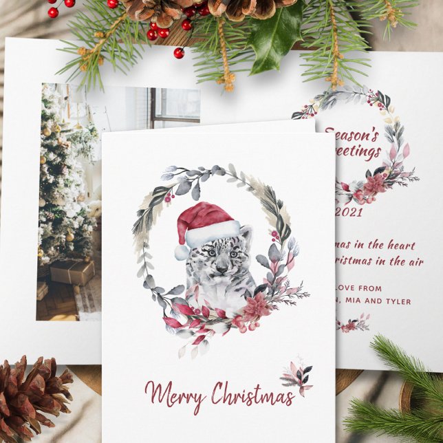 Baby Leopard Watercolor One Photo Merry Christmas Holiday Card (Creator Uploaded)