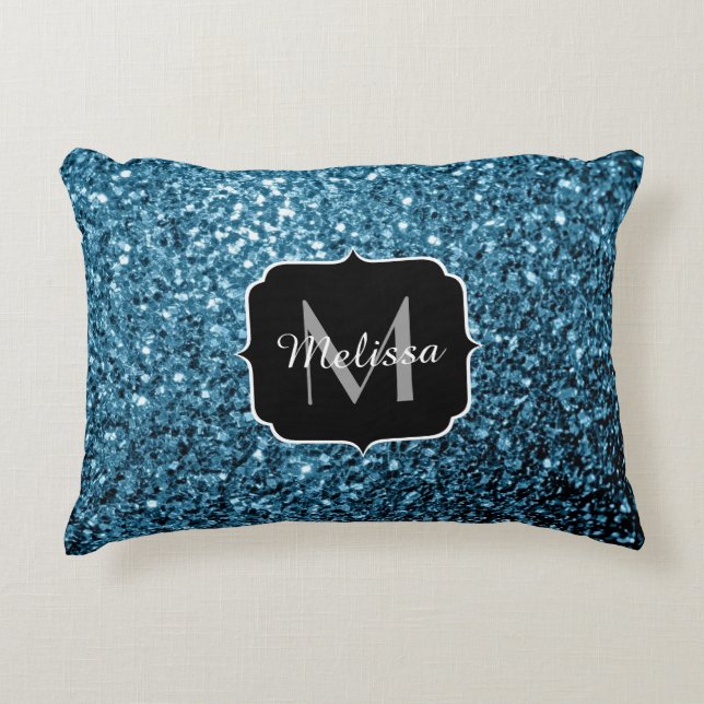 Baby light blue faux glitter sparkles Monogram Accent Pillow (Front)