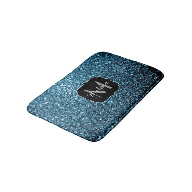 Baby light blue faux glitter sparkles Monogram Bath Mat (Angled)