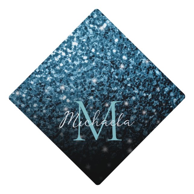 Baby light blue faux glitter sparkles Monogram Graduation Cap Topper (Front)
