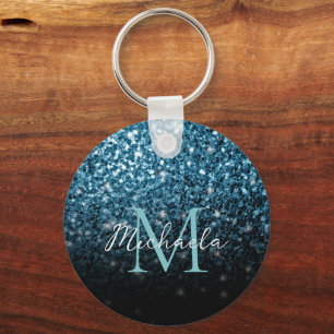 Baby light blue faux glitter sparkles Monogram Keychain