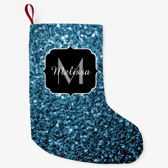 Baby light blue faux glitter sparkles Monogram Small Christmas Stocking (Front)