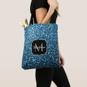 Baby light blue faux glitter sparkles Monogram Tote Bag