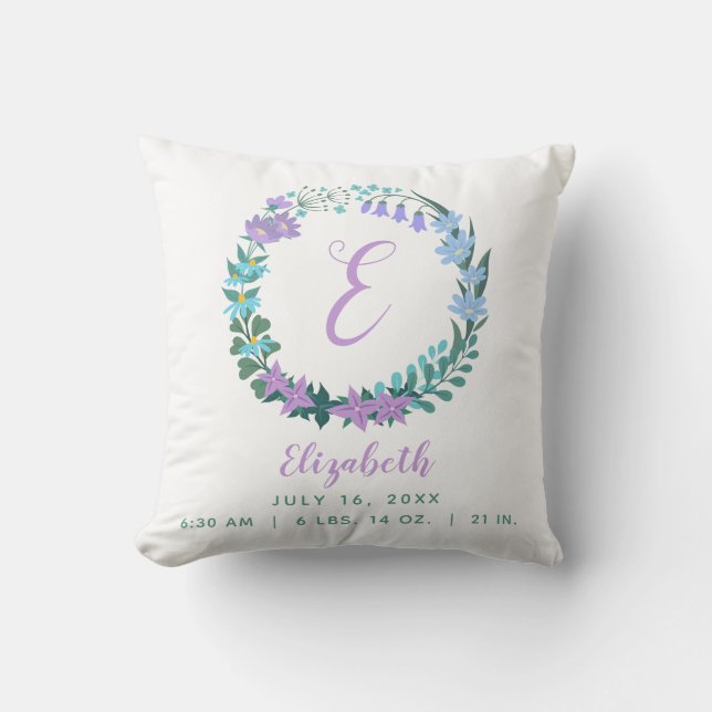Baby Lilac Blue Green Birth Stats Floral Wreath Throw Pillow (Front)