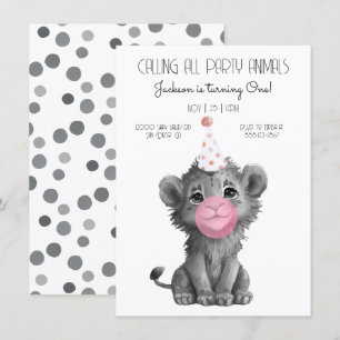 Baby Lion Cub black and white Birthday Invitation