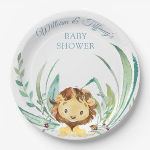 Baby Lion Cub Dusty Blue Baby Shower Paper Plate