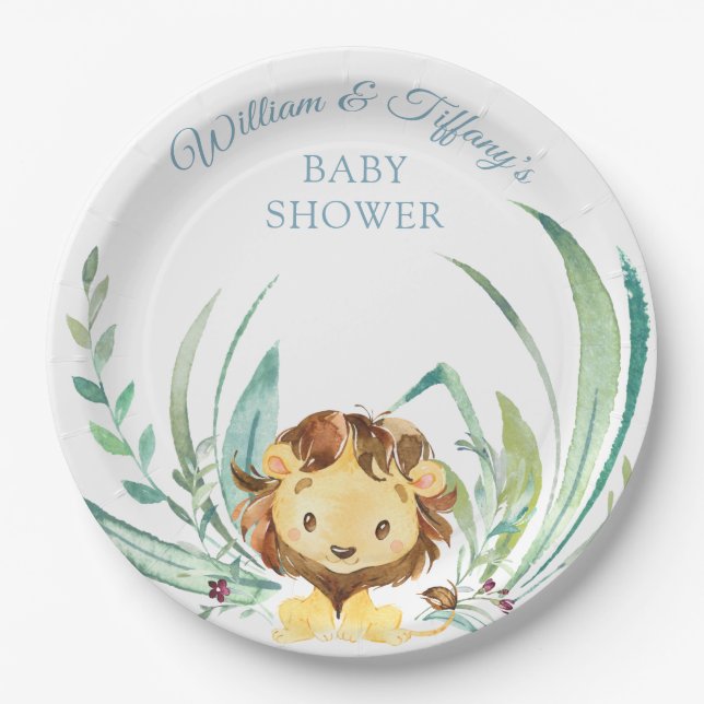 Baby Lion Cub Dusty Blue Baby Shower Paper Plate (Front)