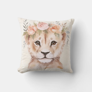 Baby Lion Cub with Flower Crown Nursery Design Throw Pillow