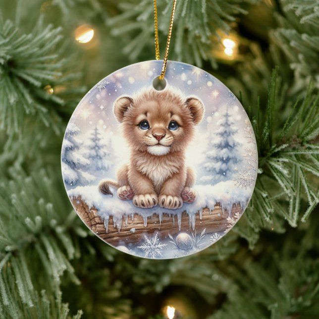 Baby Lion in Winter Magic Ceramic Ornament (Tree)