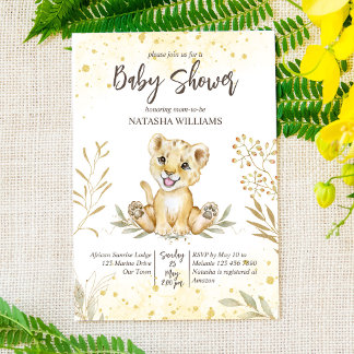 Baby lion jaune or brun baby shower invitation