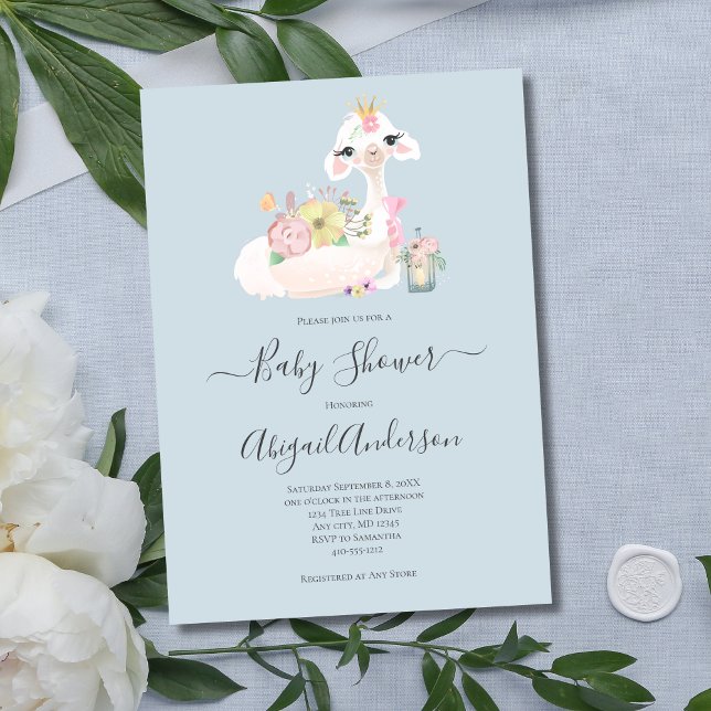 Baby Llama Flowers White Blue Baby Shower Invitation (Blue White Baby Boy Llama Baby Shower Invitation)