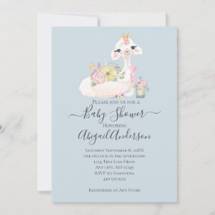 Baby Llama with Flowers White and Blue Baby Boy Invitation
