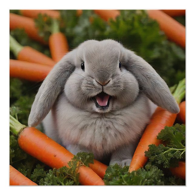Baby Lop-eared Bunny Hugging Carrots Poster (Front)