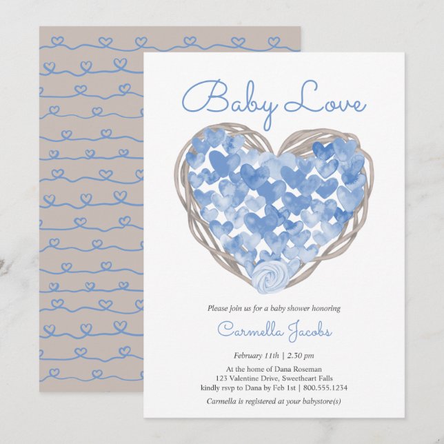Baby Love Blue Hearts Rustic Boy Baby Shower Invitation (Front/Back)