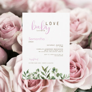 Baby Love Botanical Pink Baby Girl Shower Invitation