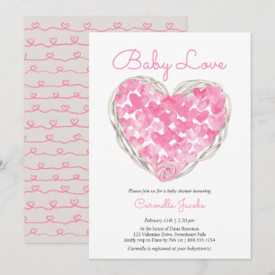 Baby Love Pink Hearts Rustic Girl Baby Shower Invitation