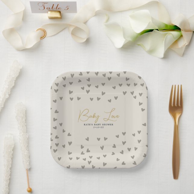 Baby Love Taupe Hearts Gender Neutral Baby Shower Paper Plate (Wedding)