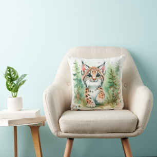 Baby lynx cute playful forest art throw pillow