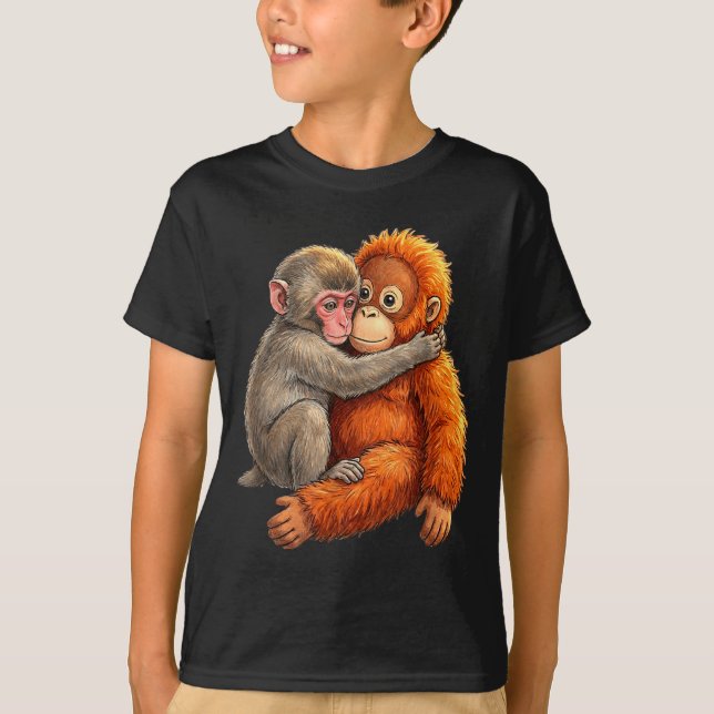 Baby macaque hugging plush cute monkey monkey T-Shirt (Front)