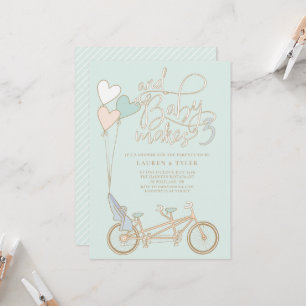 Baby Makes Three tandem bike with baby seat shower Invitation