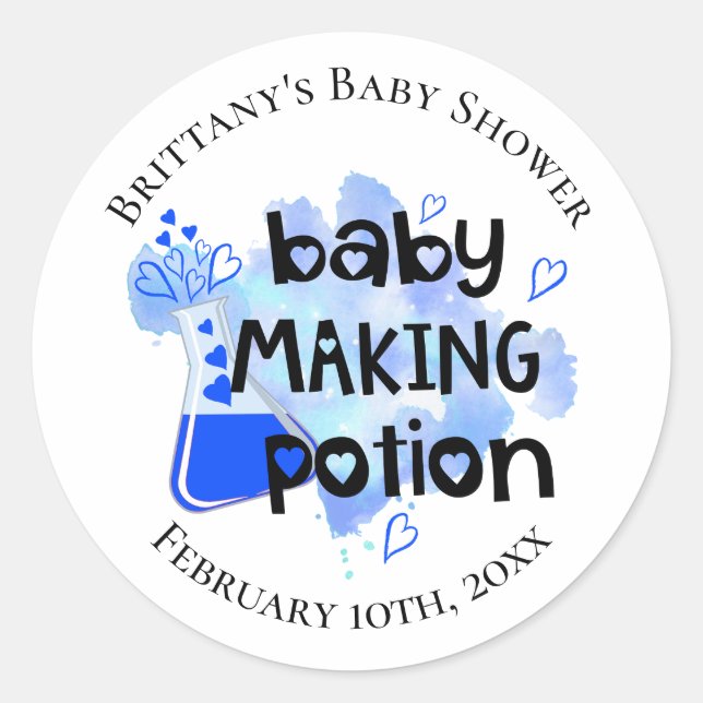 Baby Making Potion Blue Hearts Baby Shower Favour Classic Round Sticker (Front)