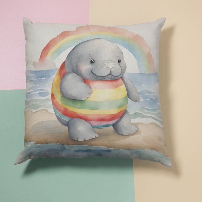 Baby Manatee Rainbow Throw Pillow (Creator Uploaded)