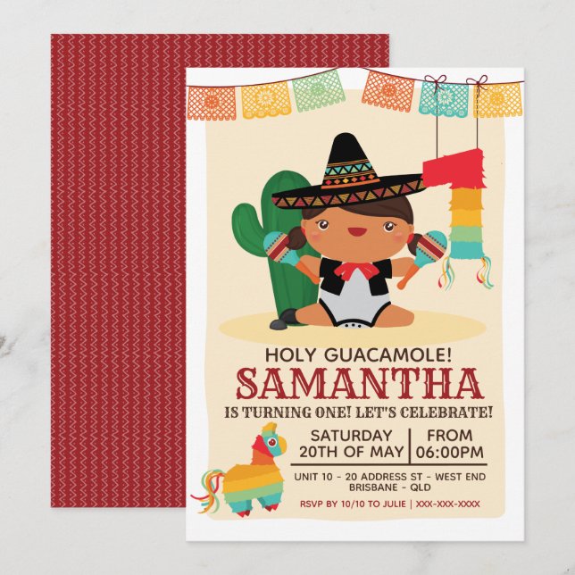 Baby Mariachi Holy Guacamole Invitation d'un an (Devant / Derrière)