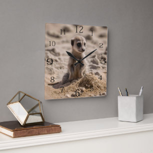 Baby Meerkat Playing In Sand, Square Wall Clock
