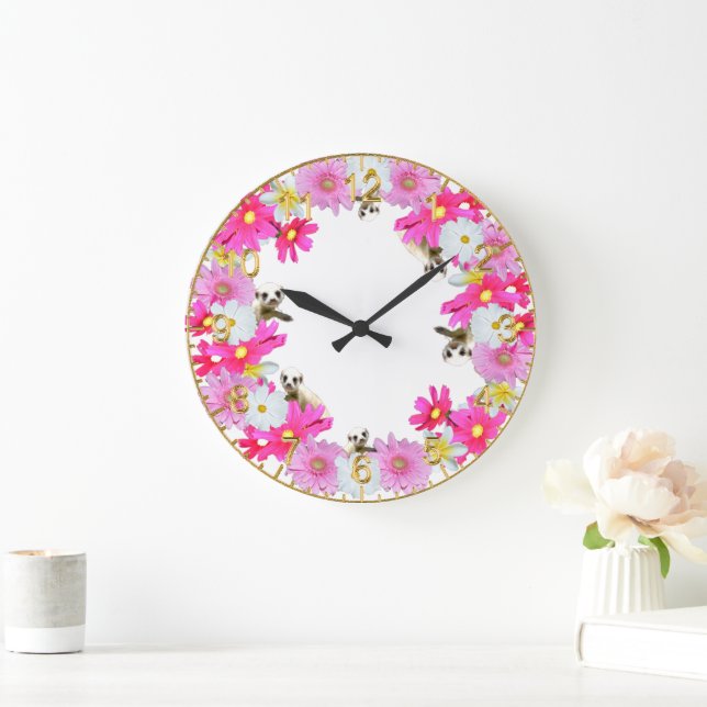 Baby Meerkats And Flowers, Wall Clock (Home)