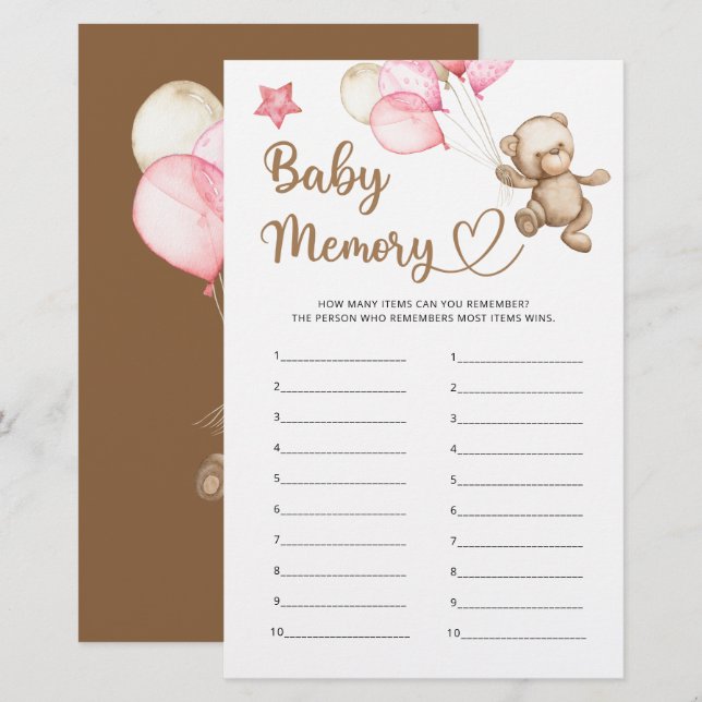 Baby memory teddy bear baby shower game (Front/Back)