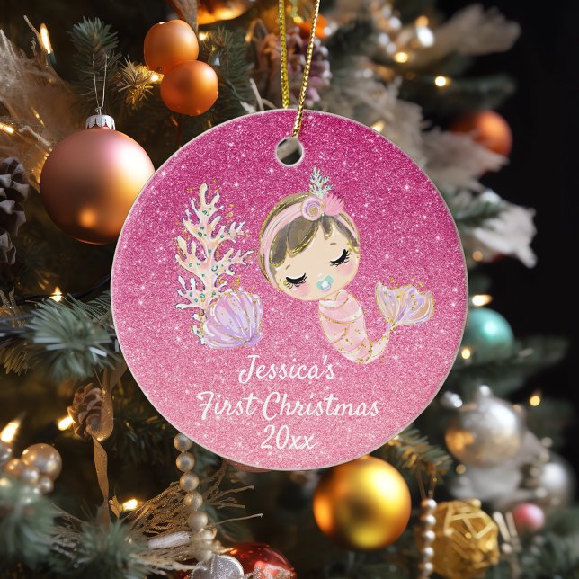Baby Mermaid First Christmas Glitter pink Ceramic Ornament (Creator Uploaded)