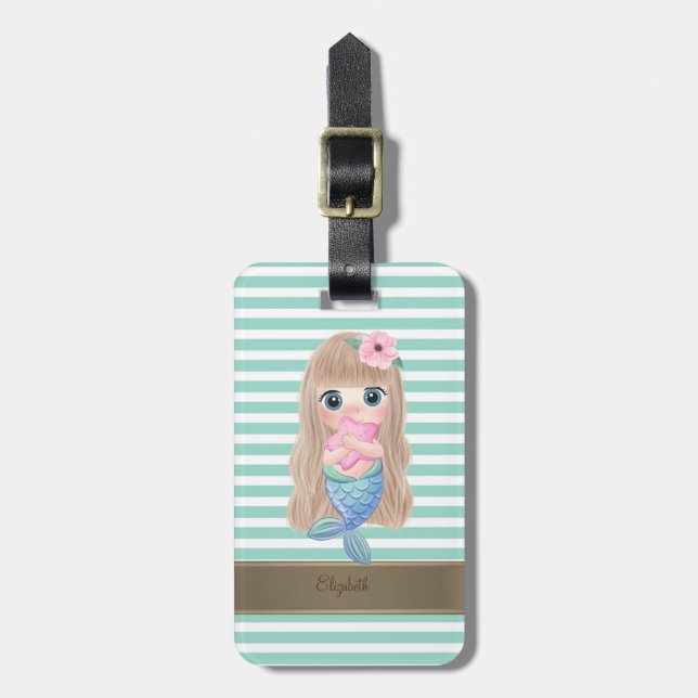 Baby Mermaid Mint White Stripes Luggage Tag (Front Vertical)