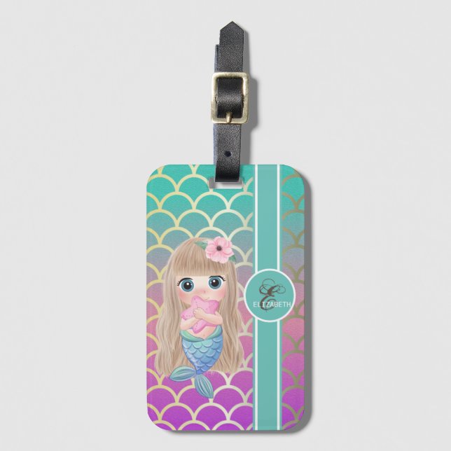 Baby Mermaid On Mermaid Tail Scales Luggage Tag (Front Vertical)