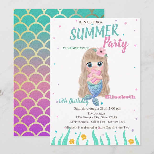 Baby Mermaid Scales  Seashells Birthday Party Invitation (Front/Back)