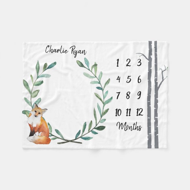 Baby Milestone Blanket Fox Wreath and Birch Trees (Front (Horizontal))