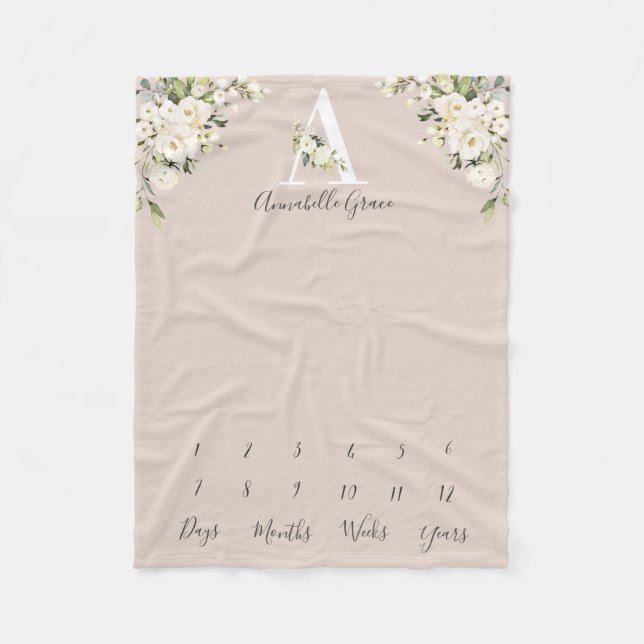 Baby Milestone Blush White Rose Floral Letter Fleece Blanket (Front)