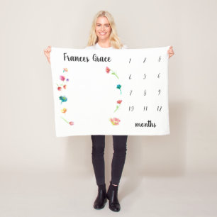 Baby milestone month watercolor flowers fleece blanket