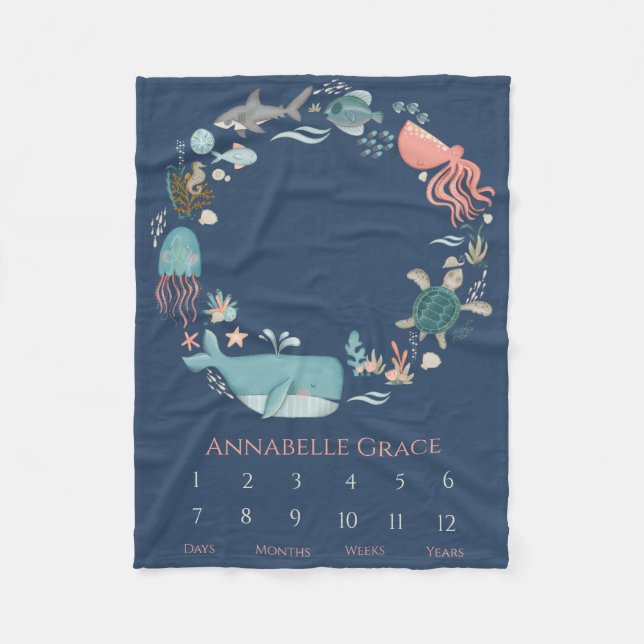 Baby Milestone Ocean Animal Wreath Fleece Blanket (Front)