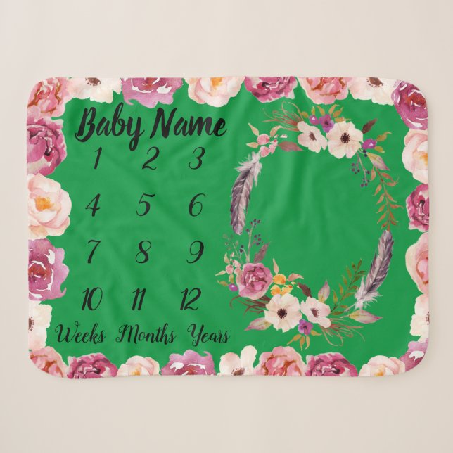 Baby Milestone Personalized Name Shower Girl Gift Sherpa Blanket (Front (Horizontal))