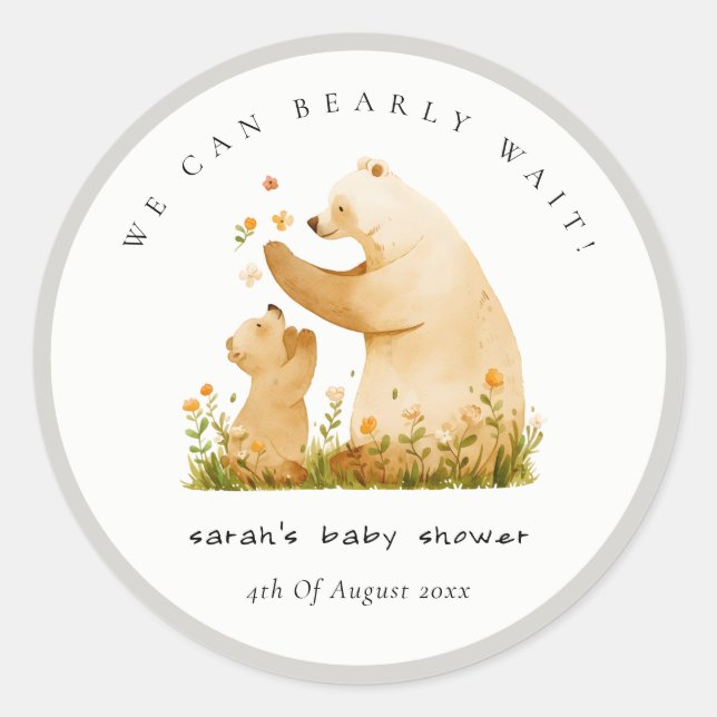 Baby Mom Bearly Wait Floral Neutal Baby Shower Classic Round Sticker (Front)