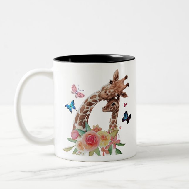 Baby & Mom Giraffe With Butterflies Two-Tone Coffee Mug (Left)