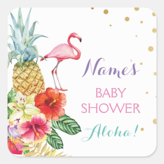 Baby Mom Shower Aloha Flamingo Tiki Stickers Label (Front)