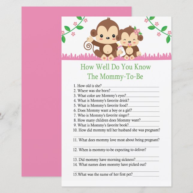 Baby Monkey How well do you know baby shower game (Front/Back)