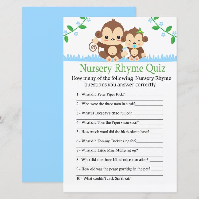 Baby Monkey Nursery Rhyme Quiz baby shower game (Front/Back)
