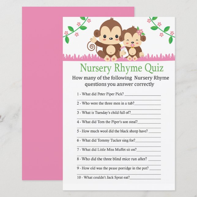 Baby Monkey Nursery Rhyme Quiz baby shower game (Front/Back)