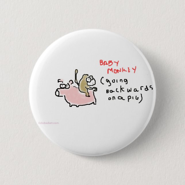 Baby Monkey (riding backwards on a pig) 2 Inch Round Button (Front)