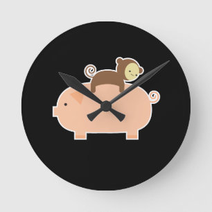 Baby Monkey Riding Backwards on a Pig Round Clock