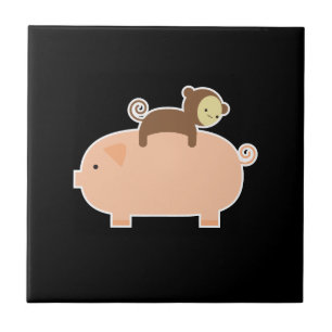 Baby Monkey Riding Backwards on a Pig Tile